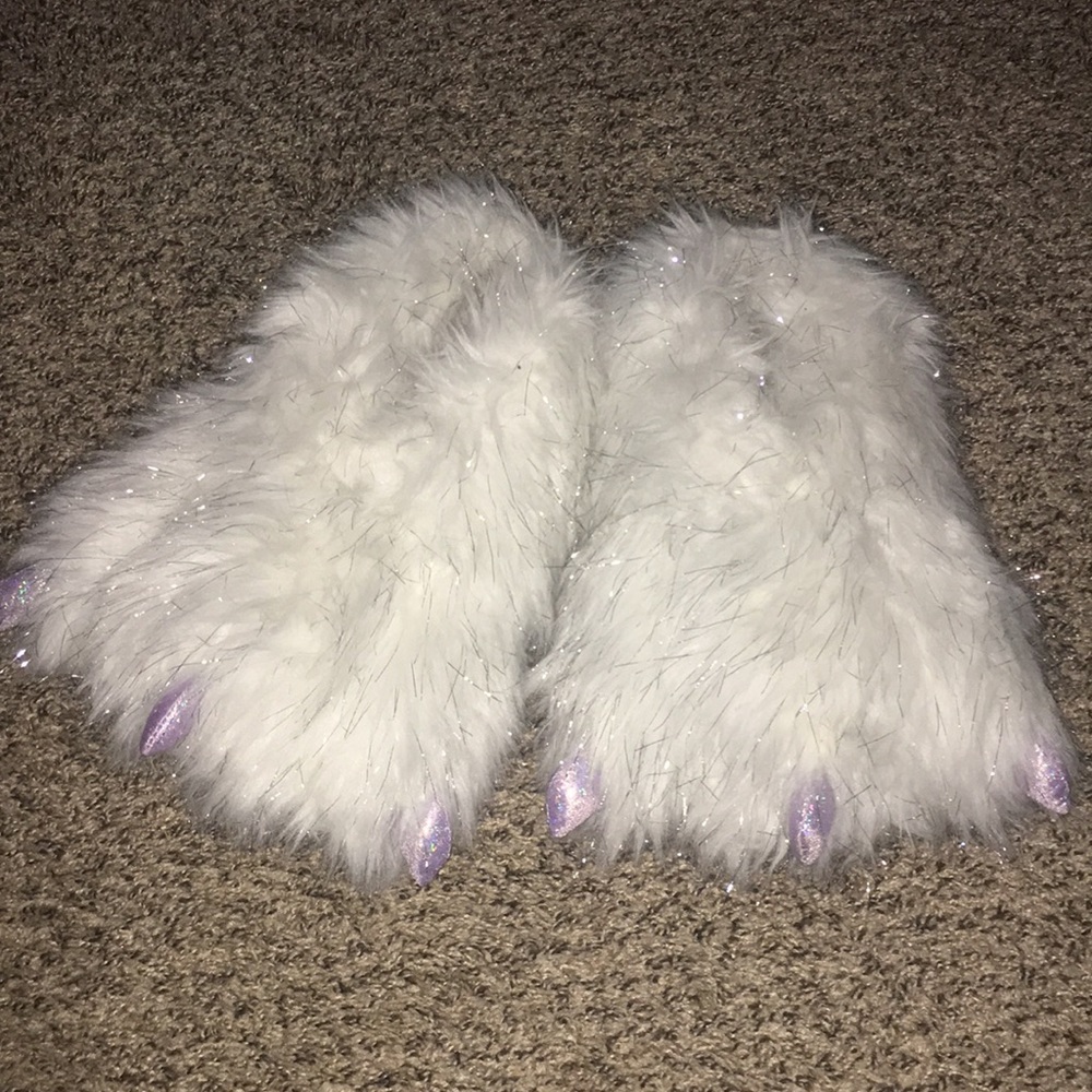 Fuzzy white monster slippers
